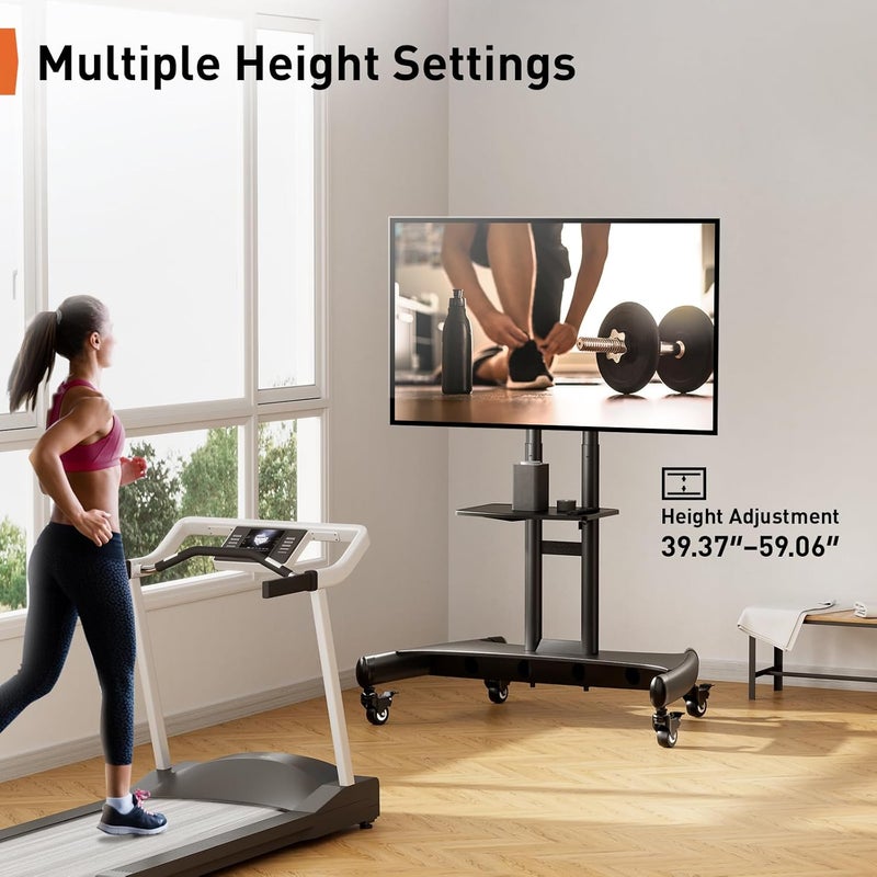 Perlegear Rolling TV Stand for 32-82 Inch Flat/Curved LED/LCD/OLED TVs, Outdoor Mobile TV Carts on Wheels with Adjustable Shelf, VESA 600x400mm up to 100lbs, Portable Mount with Wheels PGTVMC05-1 - Image 2